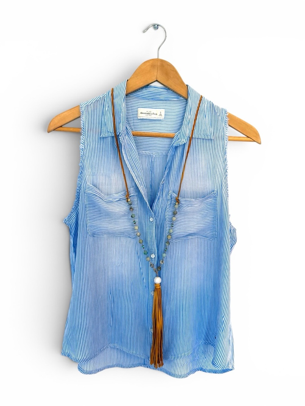 Sleeveless Blue Striped Abercrombie V-Neck Pocket Blouse - Lightweight